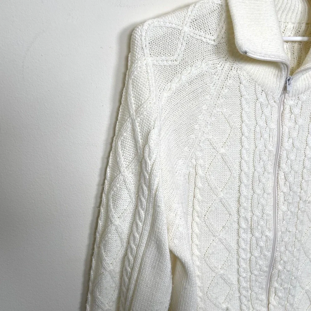 Vintage Cable Knit Full Zip Cardigan Sweater Mens L White Fisherman Mock Neck